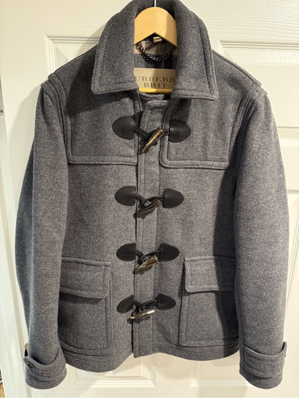 Burberry Brit Wool Pea Coat Grey Classic Toggle Tailored Jacket Size M